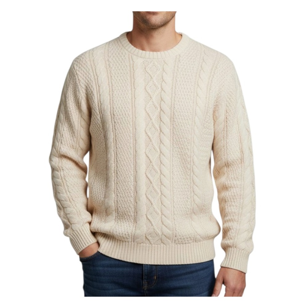 CROWN & IVY Fisherman Aran Style CABLE KNIT SWEATER Ivory Cream Cotton Blend M